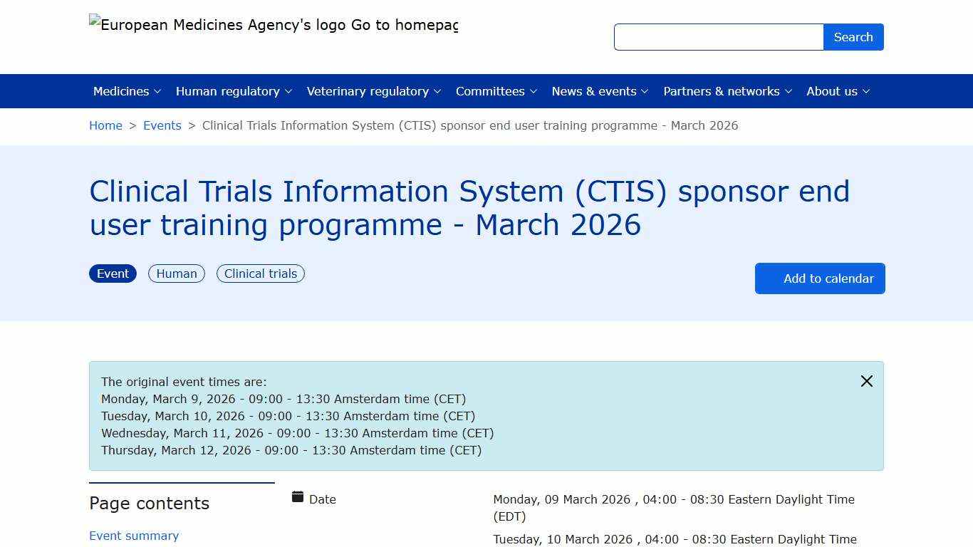 Clinical Trials Information System (CTIS) sponsor end user training programme - March 2026 | European Medicines Agency (EMA)